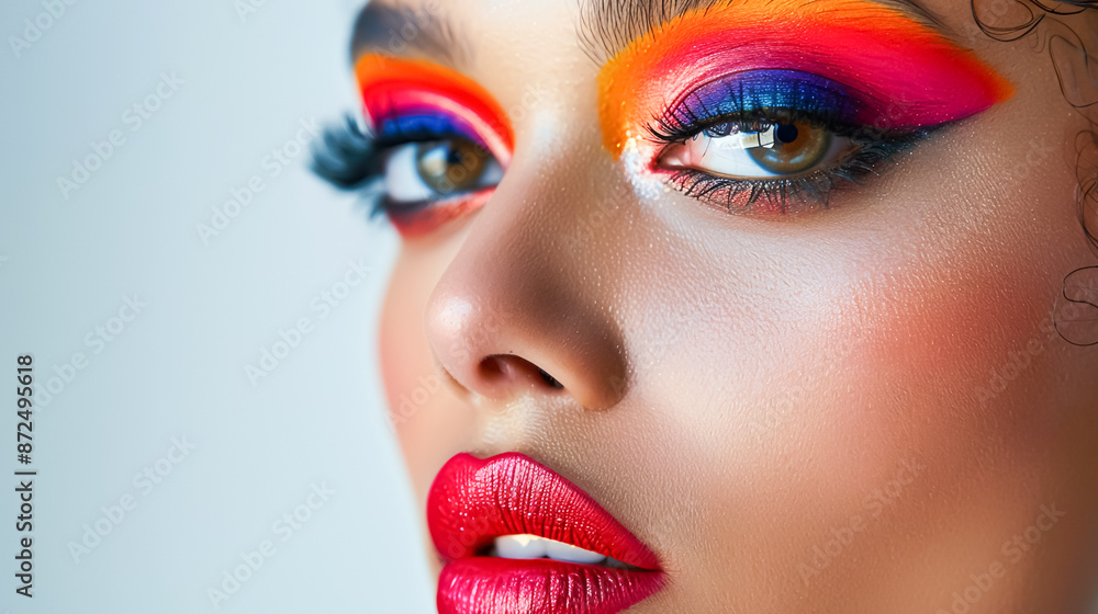 Portrait of a woman's face with vibrant makeup and bold lipstick against a clean white backdrop, showcasing beauty and glamour Portrait of a woman's face with vibrant makeup and bold lipstick against a clean white backdrop, showcasing beauty and glamour