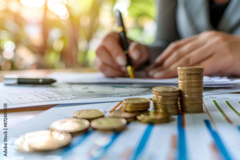 Fototapeta premium An investor signing a contract, capturing the formal agreement process involved in funding investments and the commitment it entails