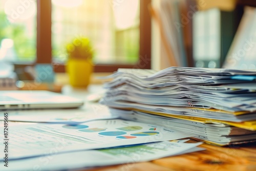 A stack of investment prospectuses on a desk, highlighting the research and due diligence necessary before making funding investment decisions photo