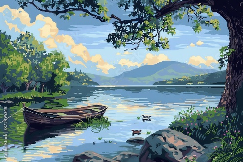 Serene Summer Lake Landscape with a Rowboat