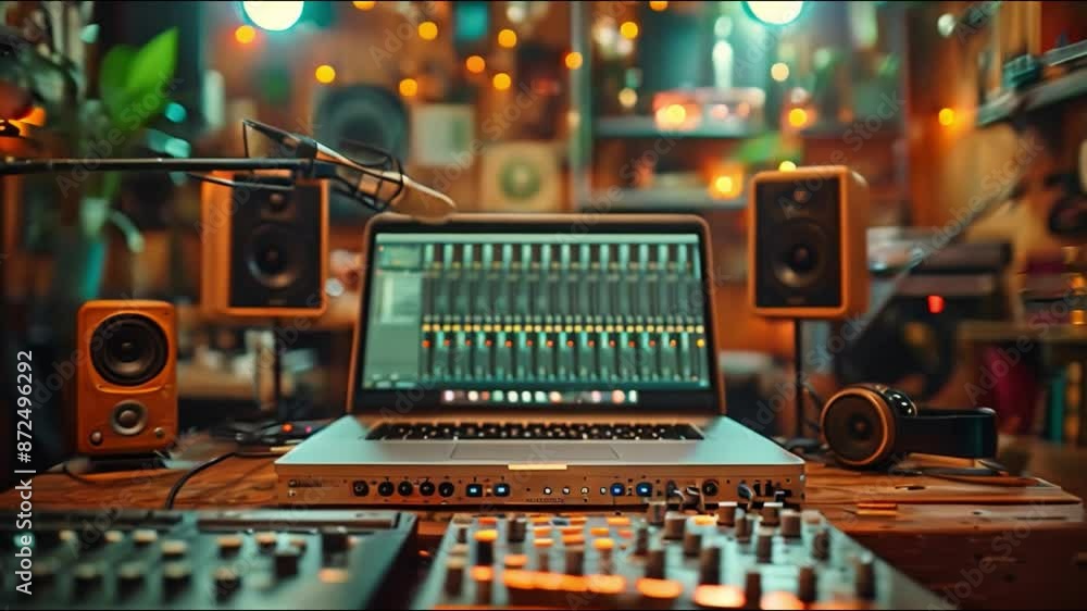 This home music studio setup with a laptop, speakers, and an audio interface. This home music studio setup with a laptop, speakers, and an audio interface.