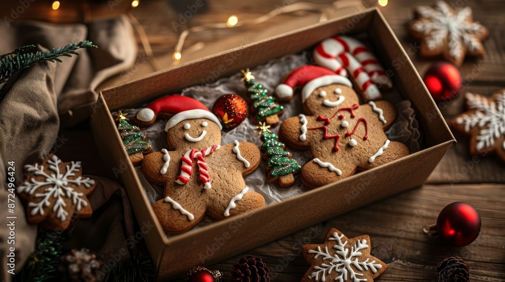 Festive gift box with gingerbread cookies shaped like Santa Claus, candy canes, and Christmas trees on a wooden background, for New Year's or Valentine's Day celebrations, ideal for girlfriend parties Festive gift box with gingerbread cookies shaped like Santa Claus, candy canes, and Christmas trees on a wooden background, for New Year's or Valentine's Day celebrations, ideal for girlfriend parties