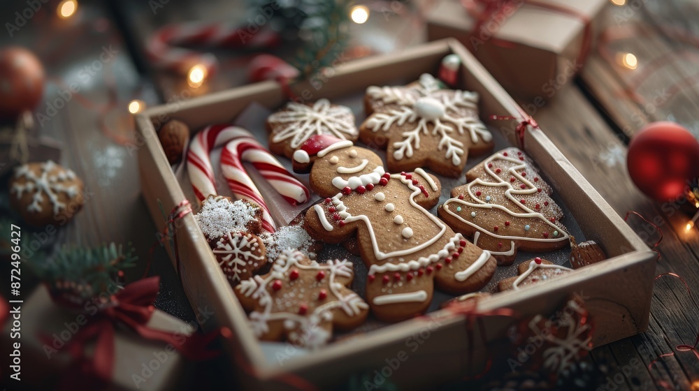 Festive gift box with gingerbread cookies shaped like Santa Claus, candy canes, and Christmas trees on a wooden background, for New Year's or Valentine's Day celebrations, ideal for girlfriend parties Festive gift box with gingerbread cookies shaped like Santa Claus, candy canes, and Christmas trees on a wooden background, for New Year's or Valentine's Day celebrations, ideal for girlfriend parties