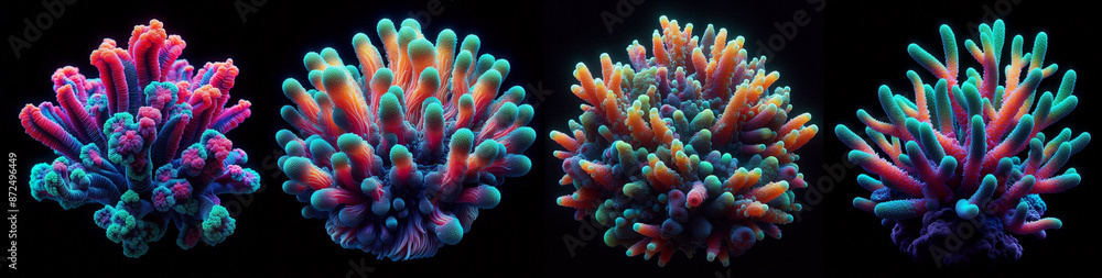 colourful fluorescent corals isolate on black background colourful fluorescent corals isolate on black background
