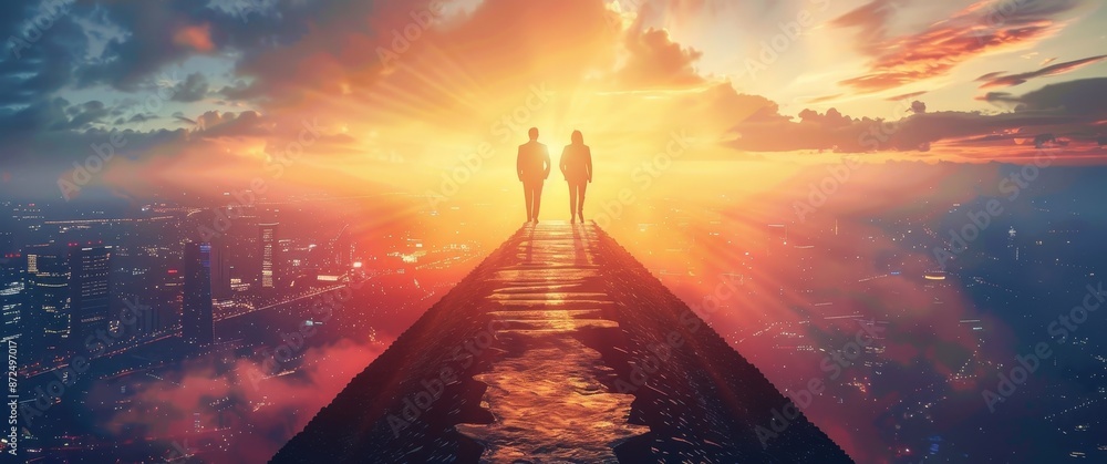 A group of business people stand at the top step of a pyramid, climbing the stairs up with a city background and sun light rays shining through. A group of business people stand at the top step of a pyramid, climbing the stairs up with a city background and sun light rays shining through.