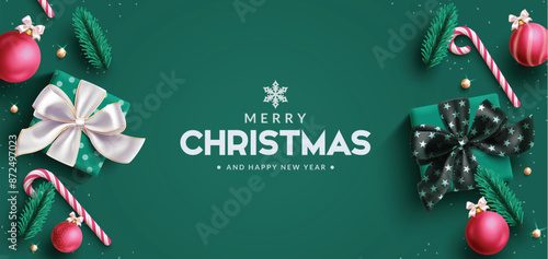 Merry christmas greeting vector background design. Christmas greeting text with gift box, xmas  balls, spruce leaves and candy cane elements  in green background. Vector illustration season holiday 
