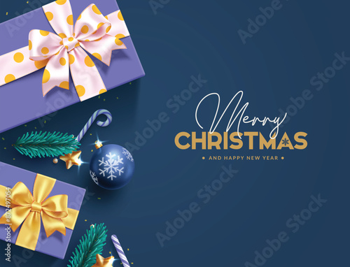 Merry christmas greetings vector card design. Christmas and happy new year text with purple gift box, yellow ribbon, xmas ball, candy cane in elegant blue background. Vector illustration season 