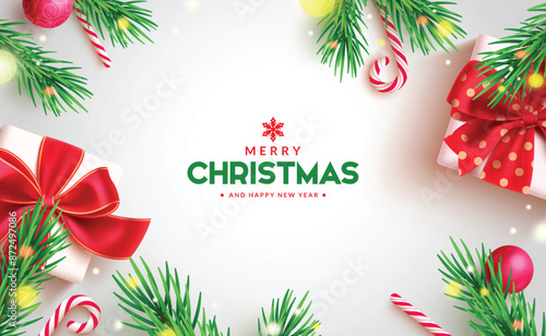 Merry christmas greetings vector background design. Christmas greeting text in white background with gift box, spruce, xmas balls and candy cane elements decorations. Vector illustration holiday 