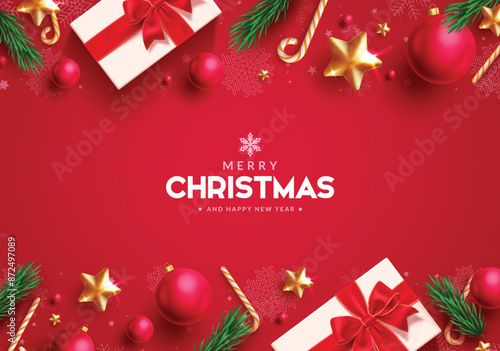 Christmas greetings vector background design. Merry christmas greeting text in red background with gift box, spruce, xmas balls, gold stars and candy cane for holiday season. Vector illustration 