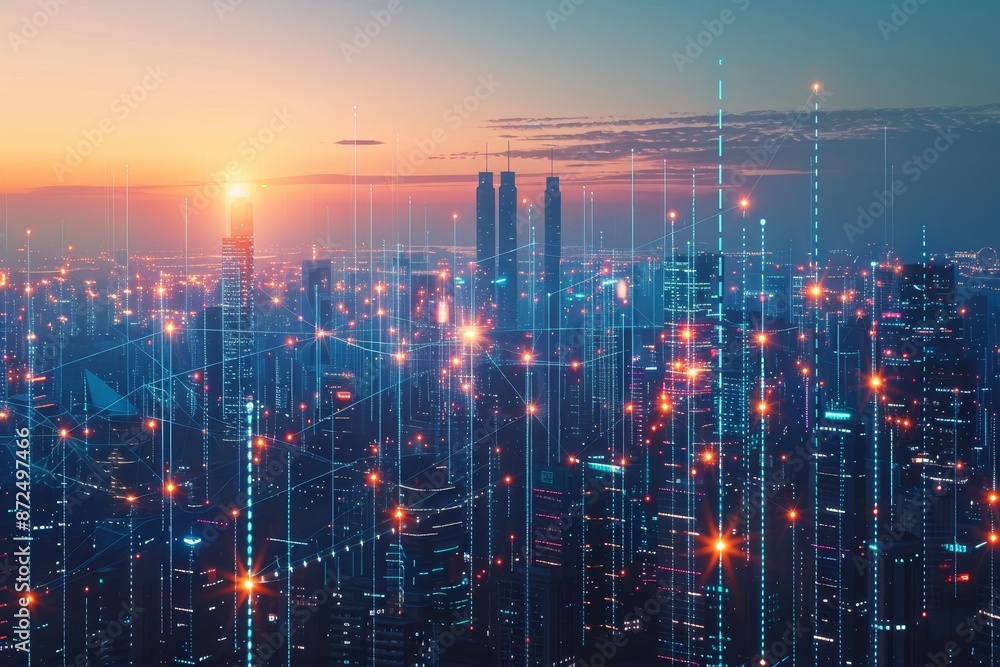 A futuristic cityscape with glowing network lines overlaying the buildings, representing the integration of smart city technologies and urban connectivity A futuristic cityscape with glowing network lines overlaying the buildings, representing the integration of smart city technologies and urban connectivity