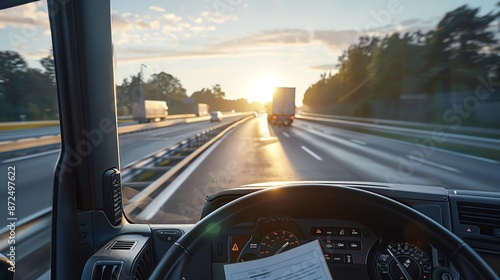 A view from the driver's seat of a truck traveling on a highway at sunrise, with other vehicles on the road under a beautiful, clear sky.