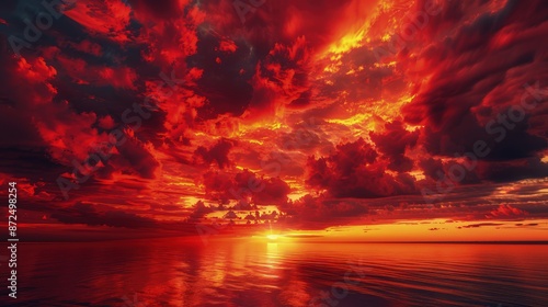 Fiery red and orange clouds at sunset, casting their warm hues over a peaceful sea, creating a moment of tranquility and beauty.