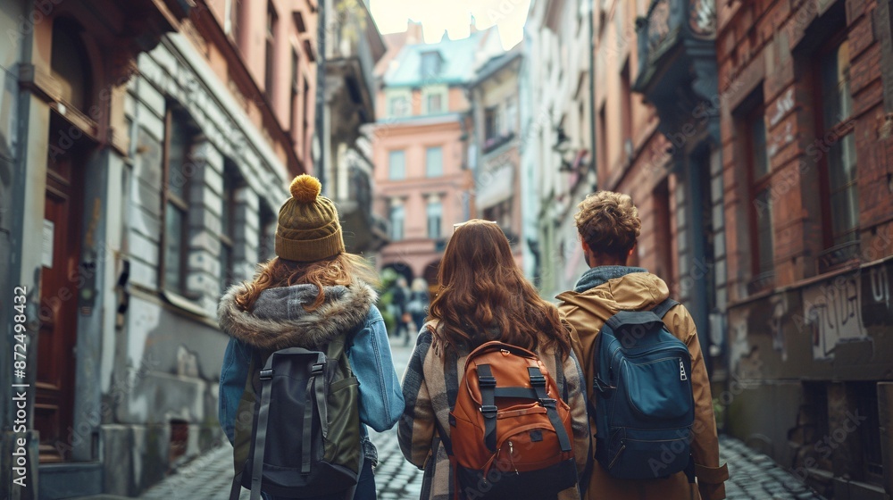 Ultra-sharp photograph of a group of friends exploring a historic city together, capturing their curiosity and togetherness Ultra-sharp photograph of a group of friends exploring a historic city together, capturing their curiosity and togetherness