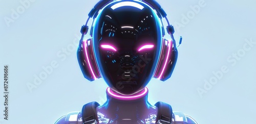 White Robot Wearing Headphones With Pink Glow Against a Pink Background