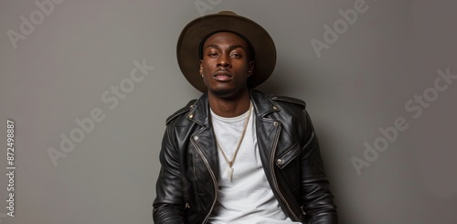 Man In Leather Jacket And Fedora Posing Against Grey Wall