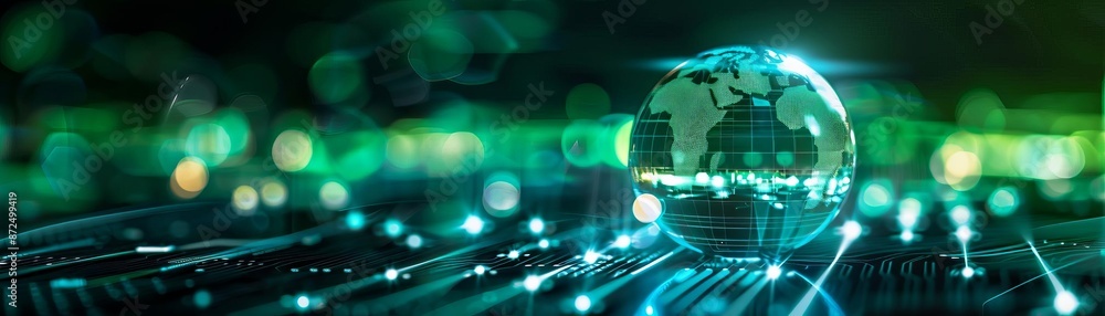 Digital world concept with green, futuristic, illuminated technology and glowing globe representing global connectivity and innovation. Digital world concept with green, futuristic, illuminated technology and glowing globe representing global connectivity and innovation.
