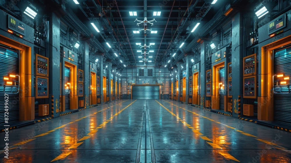 Fototapeta premium Futuristic Industrial Warehouse with High-Tech Equipment - Generative AI