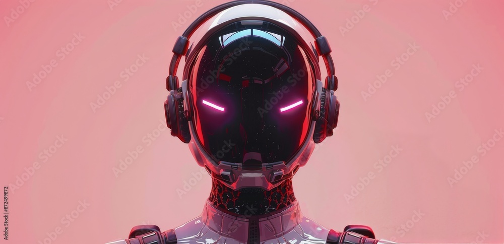 White Robot Wearing Headphones With Pink Glow Against a Pink Background