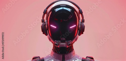 White Robot Wearing Headphones With Pink Glow Against a Pink Background