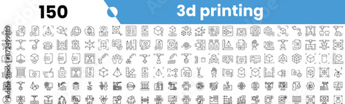 Set of 150 outline 3d printing icons. Vector illustration