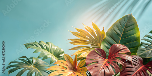 The background is decorated with tropical plants in a stylish style with shadow. photo