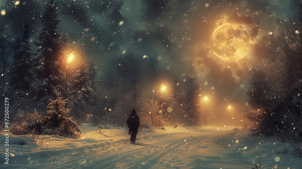 Obraz premium A Magical Winter Night with Glowing Full Moon - Generative AI