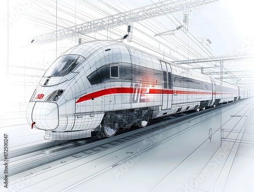 Minimalist Infographic of High Speed Train Manufacturing Schematics on White Background