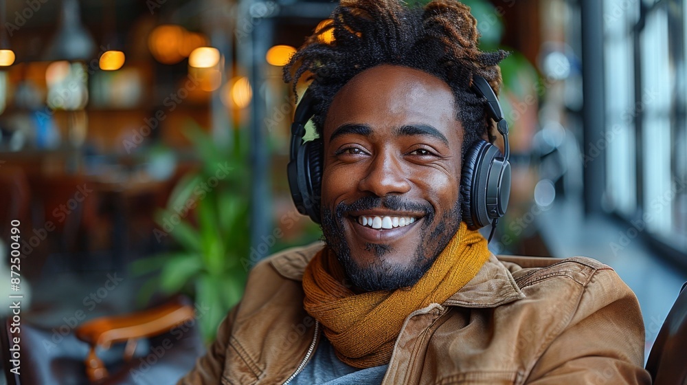 Smiling Man with Headphones in Cozy Cafe - Generative AI Smiling Man with Headphones in Cozy Cafe - Generative AI