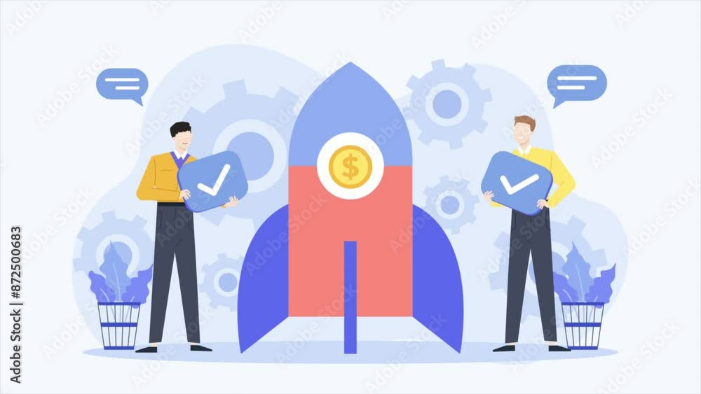business team with rocket illustration isolated on white background animated video business team with rocket illustration isolated on white background animated video