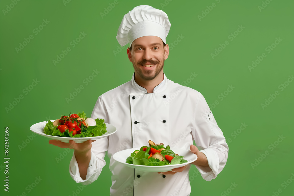 smiling male chef holding two salad dish smiling male chef holding two salad dish