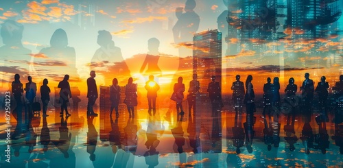 Silhouettes of business people in suits and women standing together with the city skyline behind them, double exposure. photo