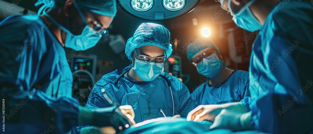 A team of surgeons performing a complex operation under bright surgical lights in a modern operating room. A team of surgeons performing a complex operation under bright surgical lights in a modern operating room.