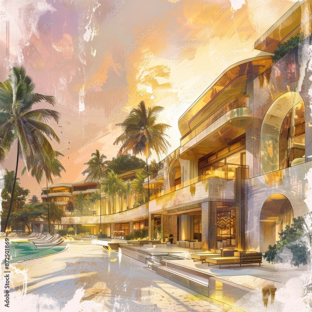 Naklejka premium A luxurious panoramic vista of a tranquil beachside resort