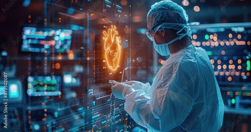 Doctor in surgical attire interacts with futuristic medical AR technology displaying human heart hologram in high-tech environment. Doctor in surgical attire interacts with futuristic medical AR technology displaying human heart hologram in high-tech environment.