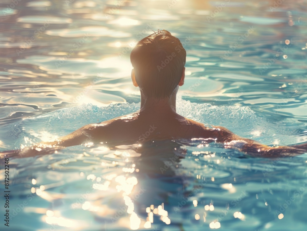 Rear view of an instructor demonstrating swimming techniques in a sunlit pool, photorealistic style, the sparkling water highlighting the clarity and effectiveness of the lesson Rear view of an instructor demonstrating swimming techniques in a sunlit pool, photorealistic style, the sparkling water highlighting the clarity and effectiveness of the lesson