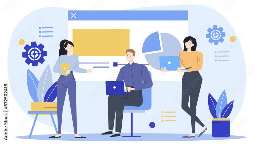 teamwork discussion on office room with bar chart at the slide business animated illustration video teamwork discussion on office room with bar chart at the slide business animated illustration video