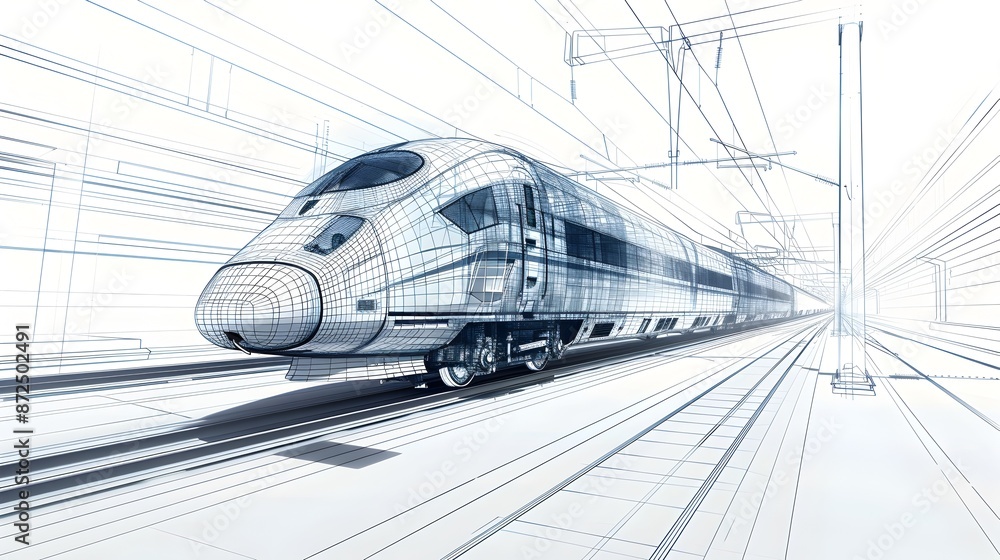 Fototapeta premium High Speed Train Infrastructure Schematic Blueprint on Minimalist White Background