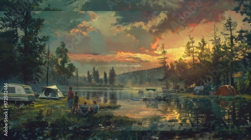 Wide-angle view of a serene campsite, oil painting style, focusing on campers practicing safety rules and respect, clear signage and peaceful ambiance, twilight sky background