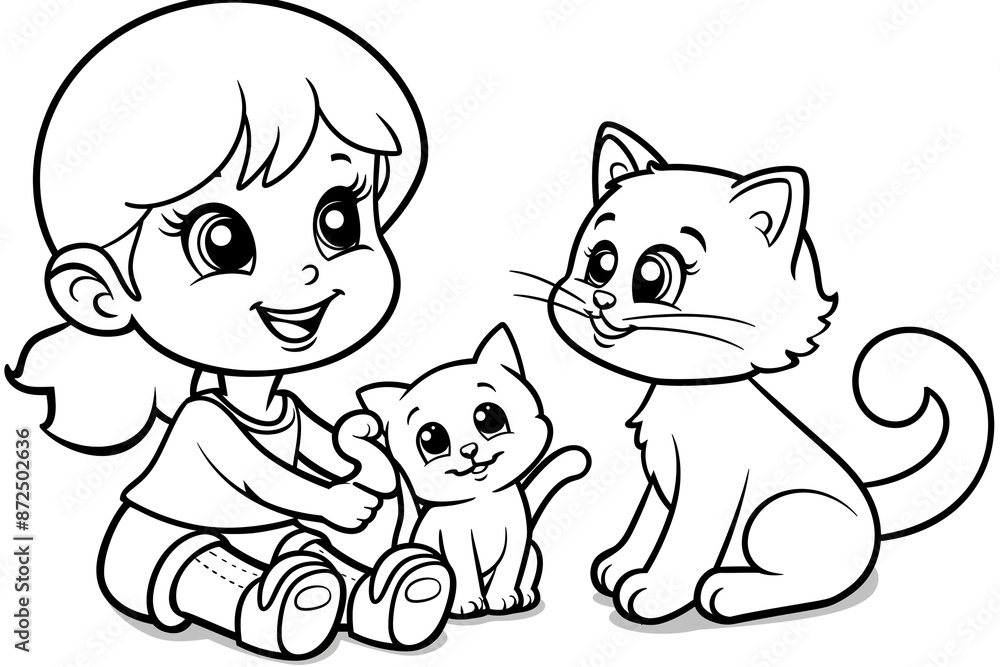 Obraz premium A girl is sitting with a cat and another cat. The girl is smiling and the cats are looking at her