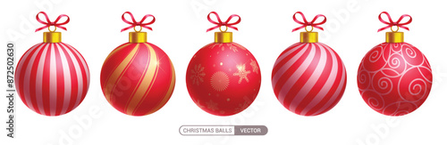 Christmas red balls vector set design. Red xmas balls ornaments with pattern and print decoration elements for holiday season elegant sphere collection. Vector illustration round elements design. 
