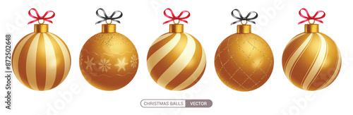 Christmas balls gold vector set design. Gold xmas balls with stripe, glitter, shiny and pattern decoration elements for holiday season ornaments collection. Vector illustration elegant bauble design. 