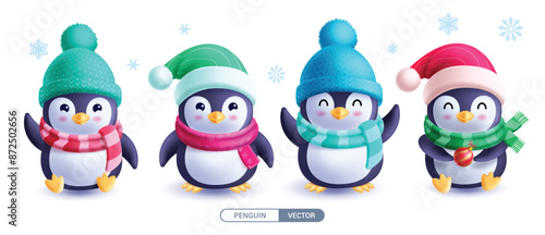 Penguin characters vector set design. Christmas penguins happy smiling character wearing xmas hat and scarf elements isolated in white background. Vector illustration cute mascot penguin collection.
