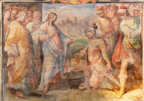 Tableau sur toile PERUGIA, ITALY - MAY 18, 2024: The fresco of Jesus Heals a Centurions Servant in the church Basilica di San Pietro by Giovanni Battista Lombardelli (1530 - 1587)