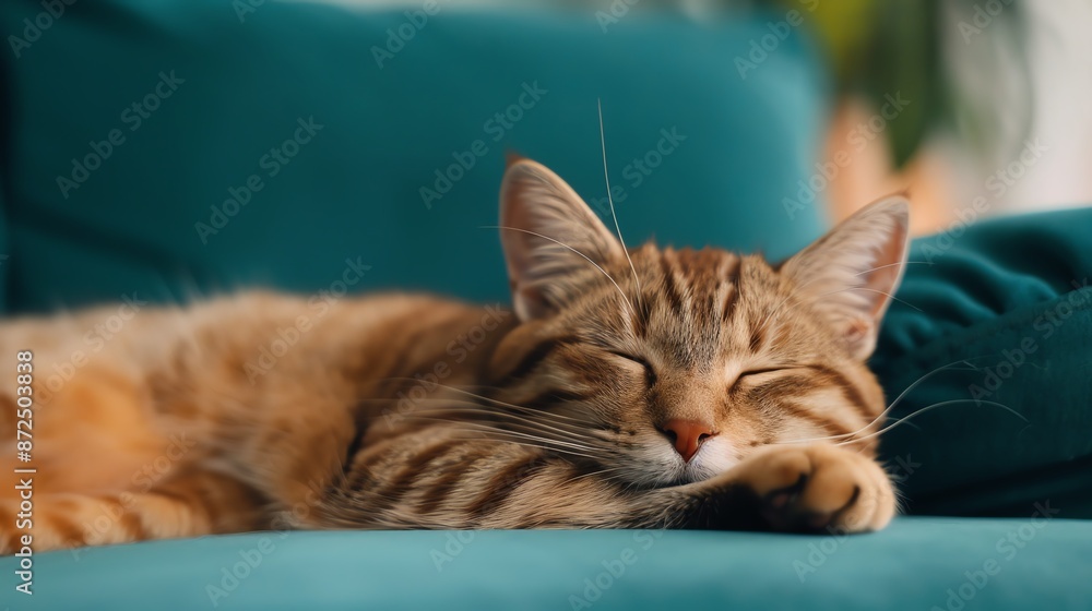 Cozy tabby cat peacefully sleeping on a teal couch, capturing the essence of relaxation and comfort in a home setting. Cozy tabby cat peacefully sleeping on a teal couch, capturing the essence of relaxation and comfort in a home setting.