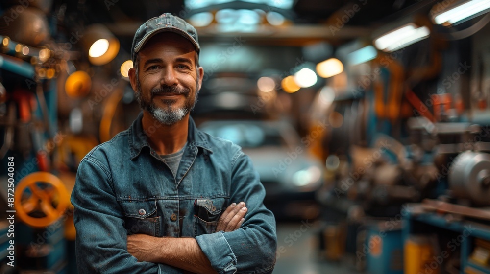 Obraz premium Smiling Mechanic in a Workshop - Generative AI