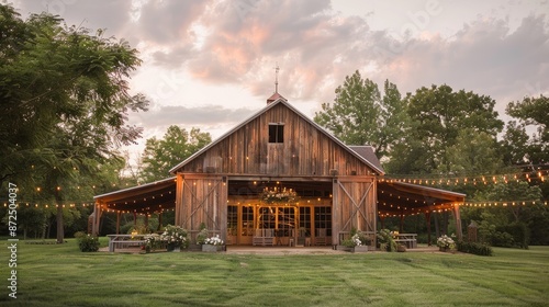 A large, old-fashioned barn with a large porch and a large open space inside. The barn is lit up with lights, giving it a warm and inviting atmosphere