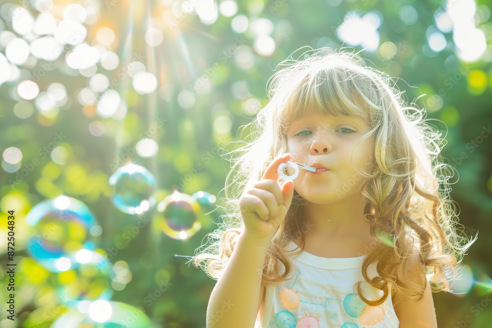 Little Girl Blowing Bubbles in a Sunny Garden Little Girl Blowing Bubbles in a Sunny Garden