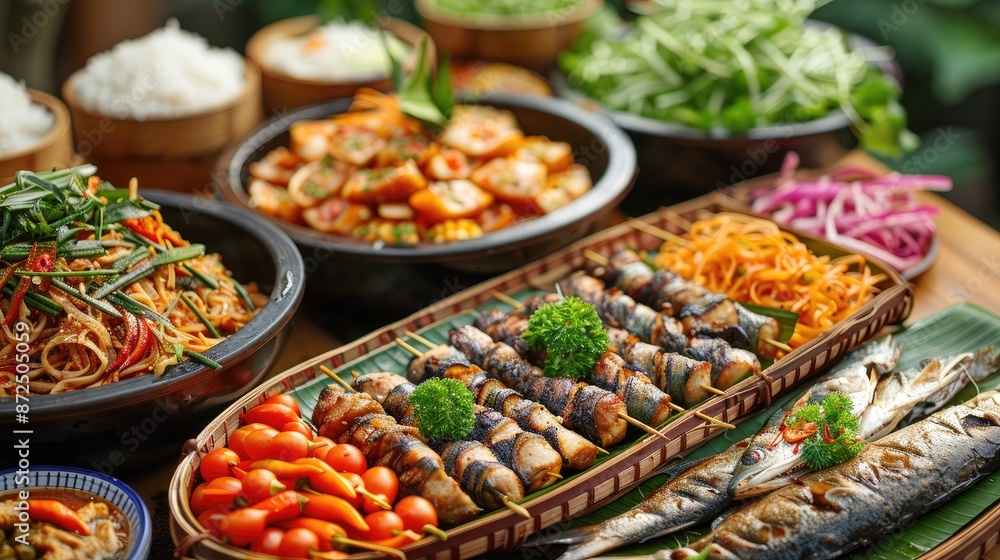 A table full of food with a variety of dishes including a bowl of noodles, a plate of meat, and a plate of vegetables A table full of food with a variety of dishes including a bowl of noodles, a plate of meat, and a plate of vegetables