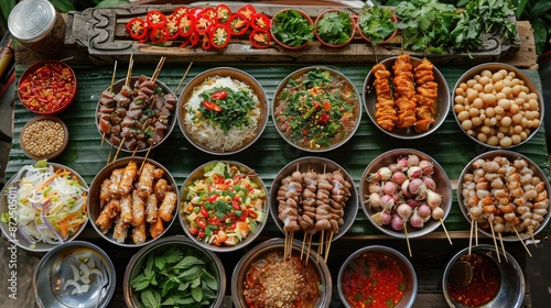 Table full of food with many different types of food, including shrimp, and a variety of sauces