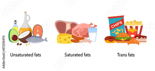 Saturated, unsaturated and trans fats. Choice between healthy and unhealthy food. Fastfood vs nutrient wholesome products. Nutrition poster vector illustration.